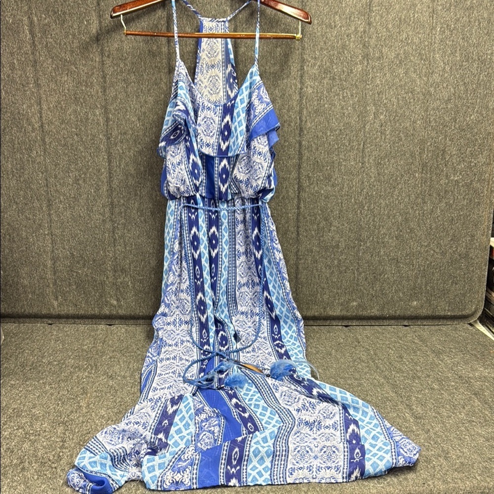 City Triangles Blue and White Halter Maxi Dress